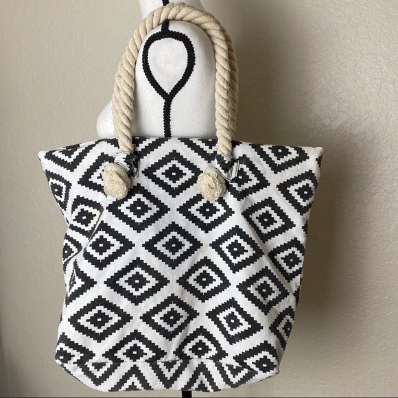 Handbags - Boho Patterned Tote with Rope Handles